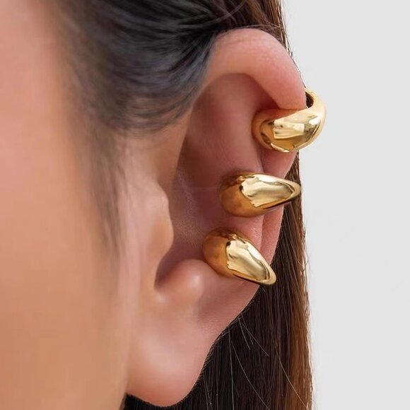 Trendy 14K Gold Chunky Non-Piercing Round Huggie Ear Cuffs for Women, Clip-On Ca - Picture 2 of 6